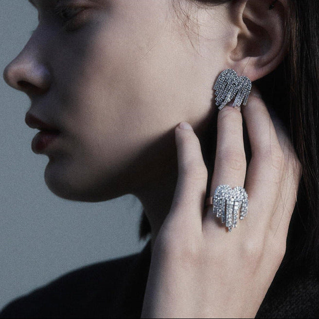 Heart-shaped Zircon Tassel Earring and Ring Set