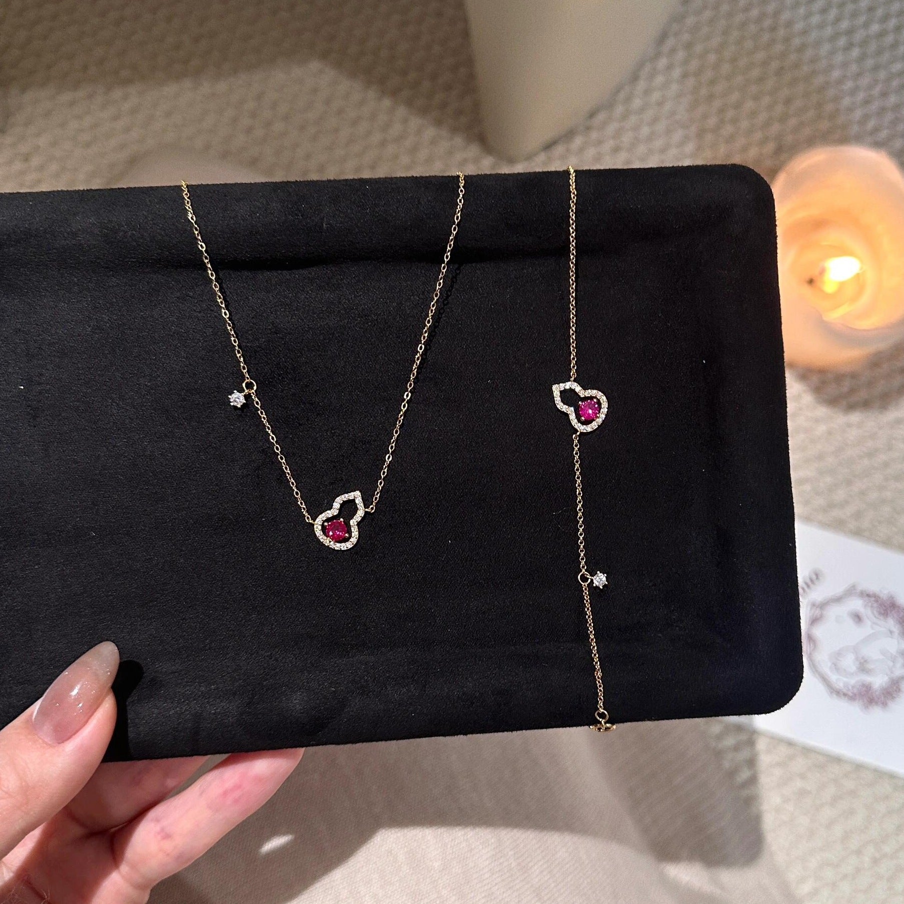 925 Silver Rose Red Gourd Necklace Bracelet Set