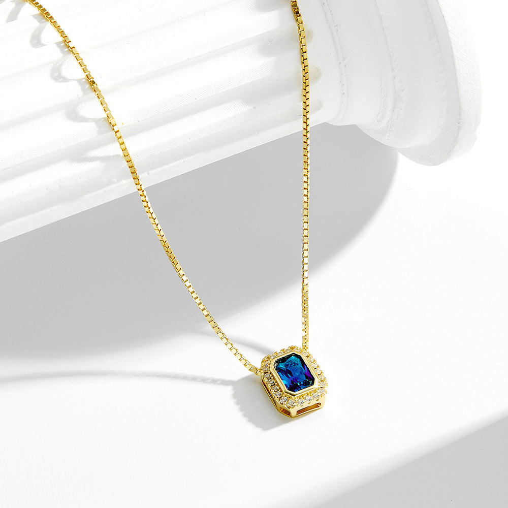 925 Silver Blue Zircon Square Pendant Necklace