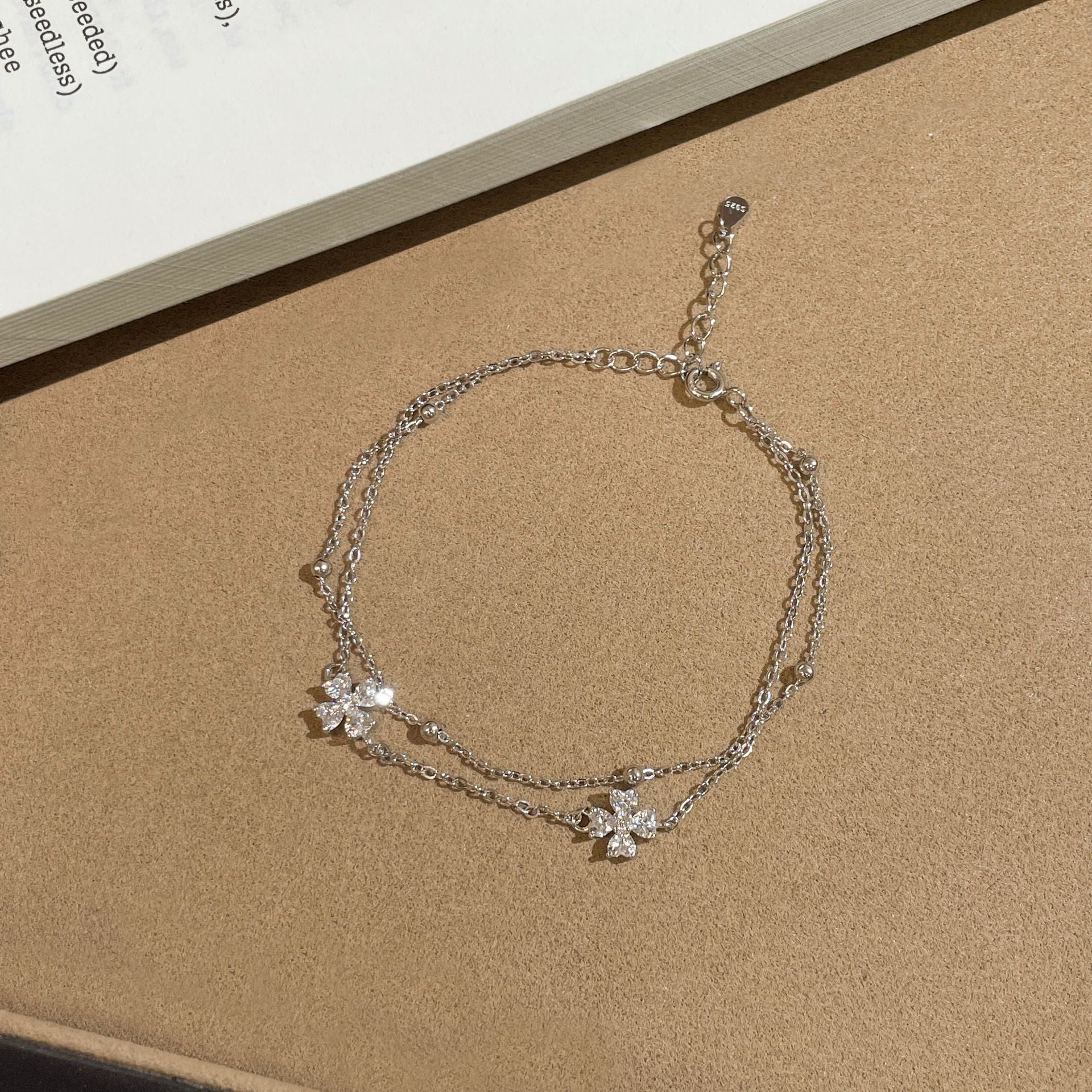 925 Silver Four-Leaf Clover Double-Layer Bracelet