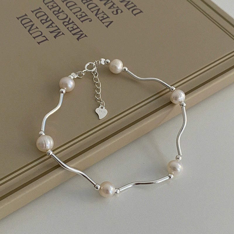 925 Silver Natural Freshwater Pearl Wave Line Bracelet