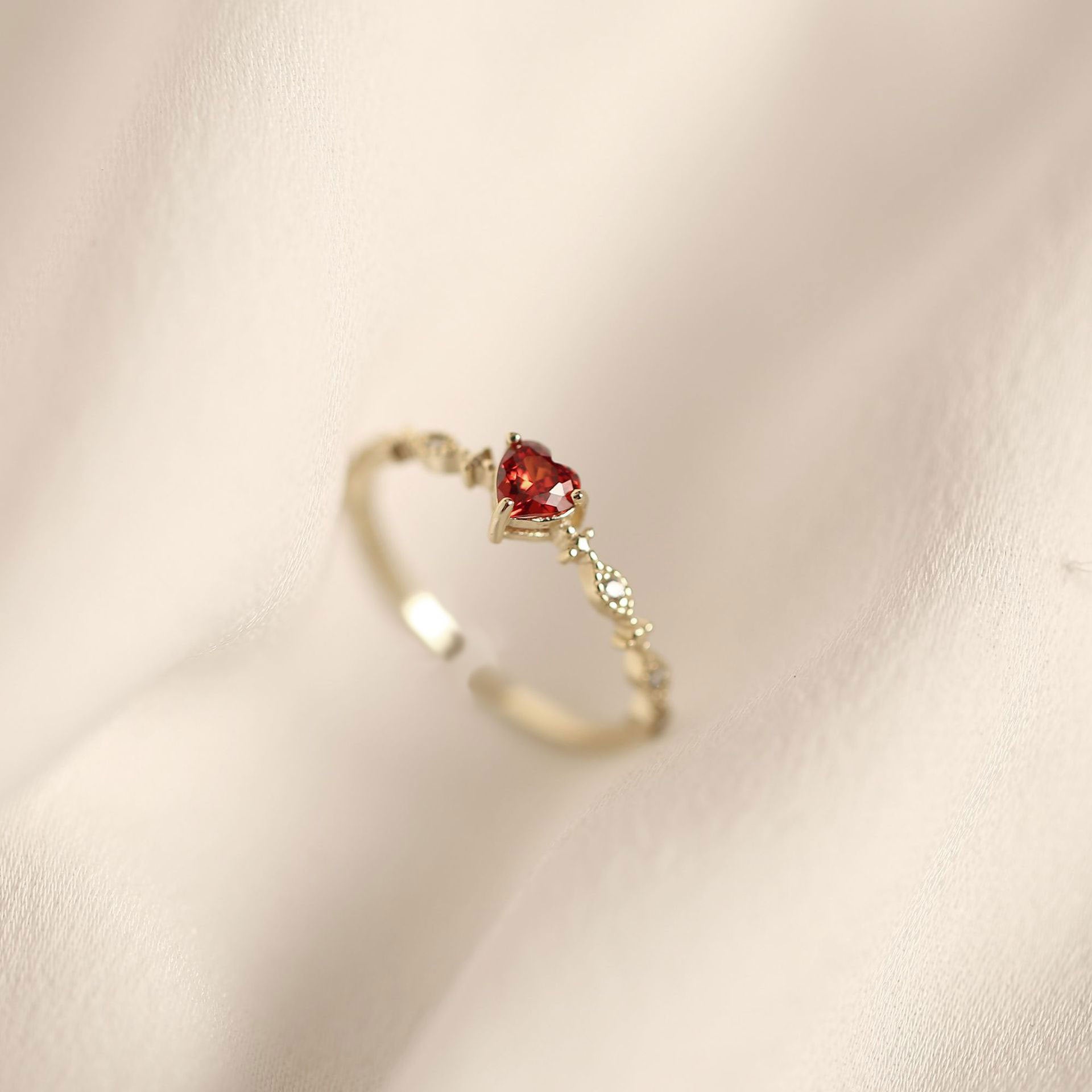 925 Silver Heart-shaped Ruby 14k Gold Adjustable Ring