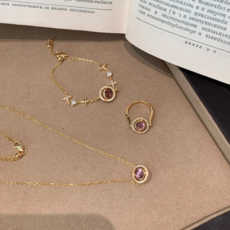 925 Silver Rotatable Ruby Bracelet Ring Necklace Set