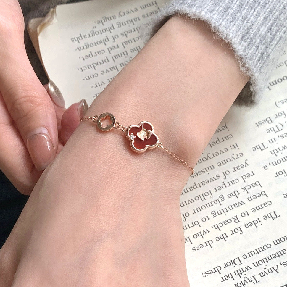 925 Silver Red Agate Four-Leaf Clover Bracelet