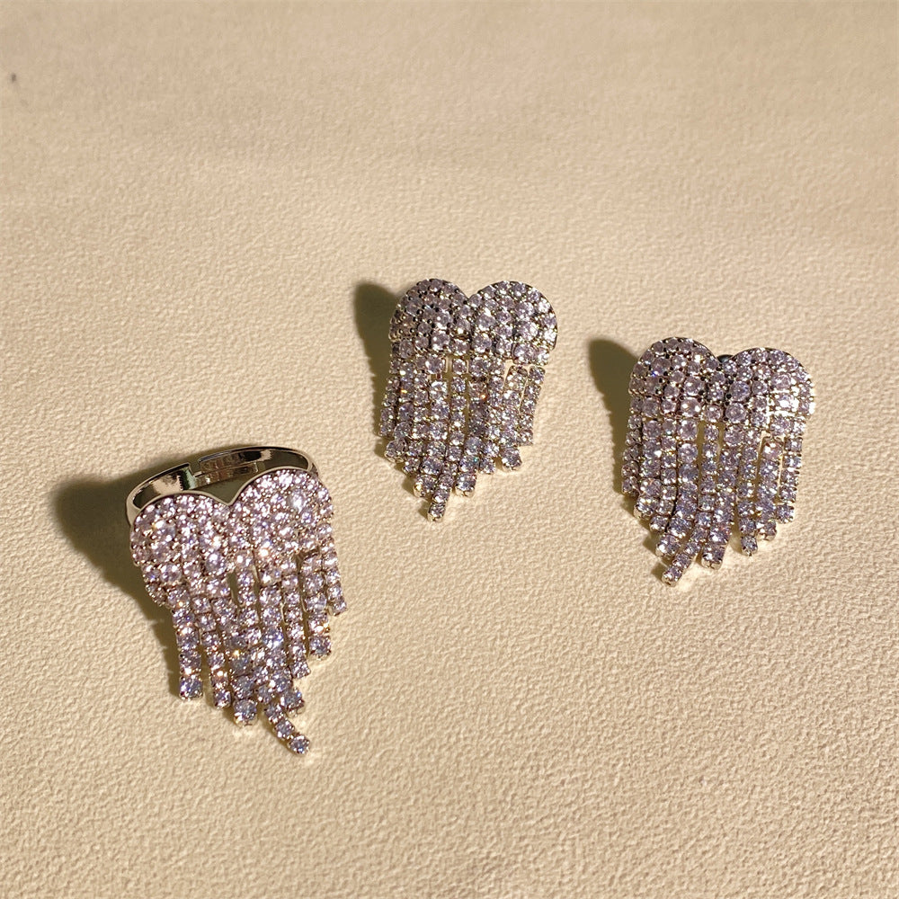 Heart-shaped Zircon Tassel Earring and Ring Set