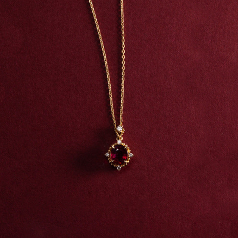 925 Silver Vintage Pomegranate Red Zircon Necklace