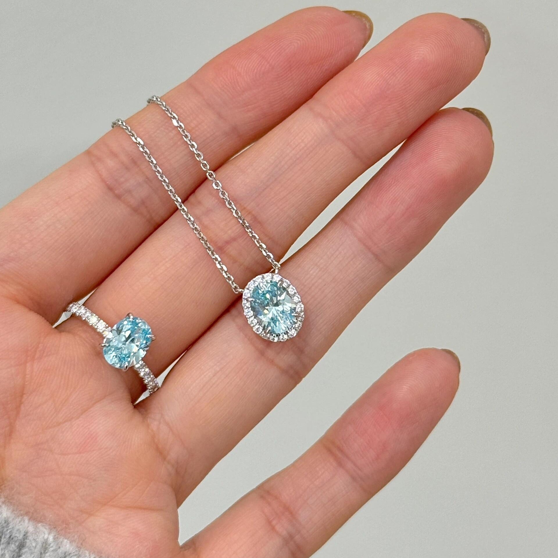 925 Silver Oval Aquamarine Ring Necklace Set