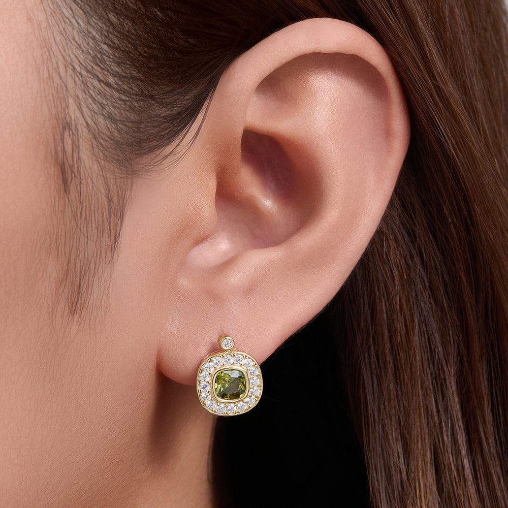 925 Silver Vintage Olive Green Zircon Stud Earrings