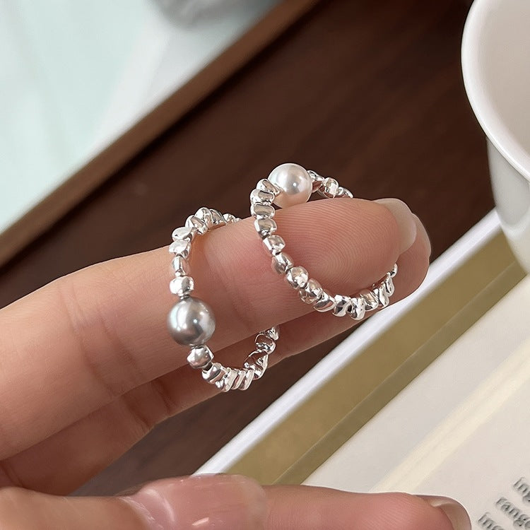 925 Silver Nugget Pearl Elastic Rope Ring