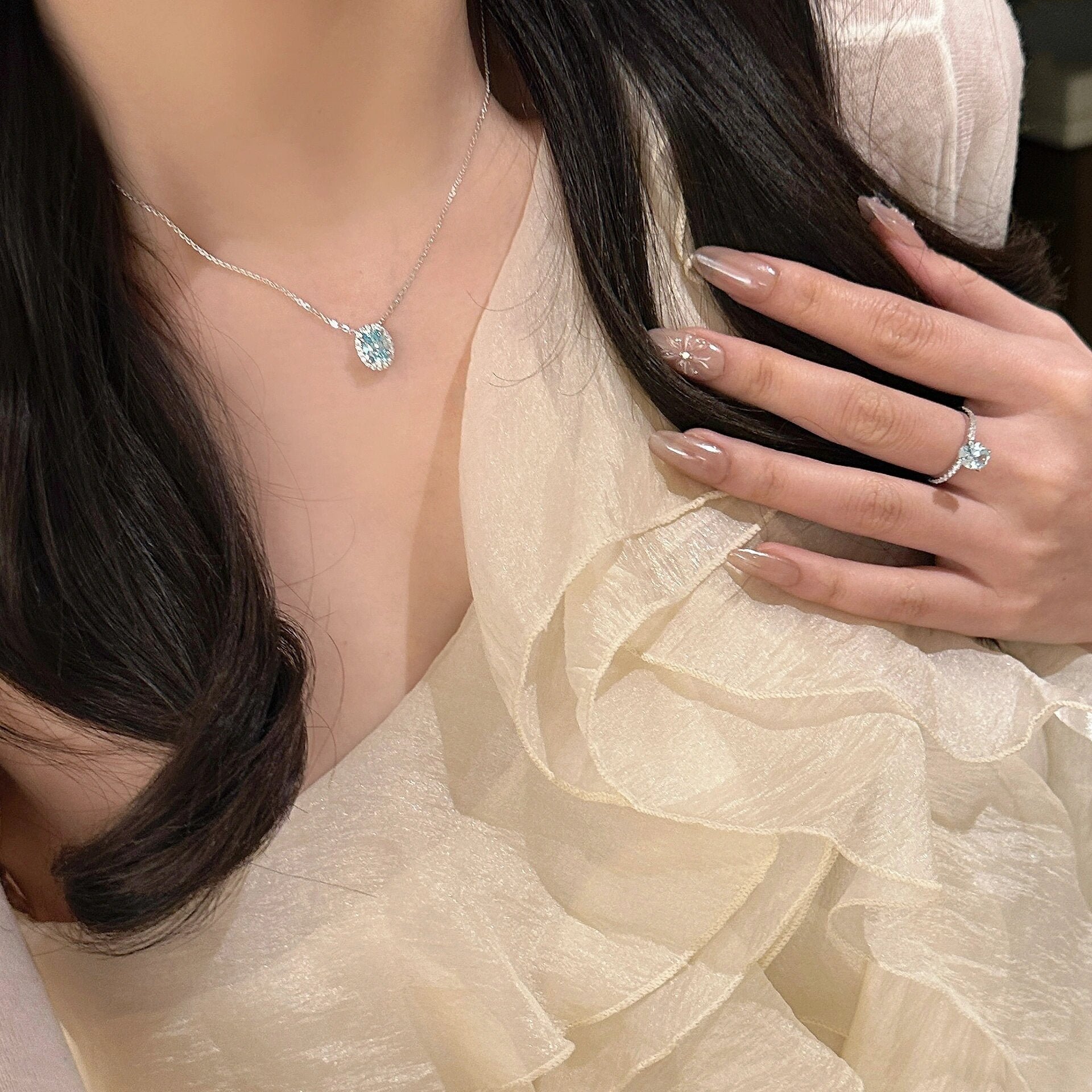 925 Silver Oval Aquamarine Ring Necklace Set