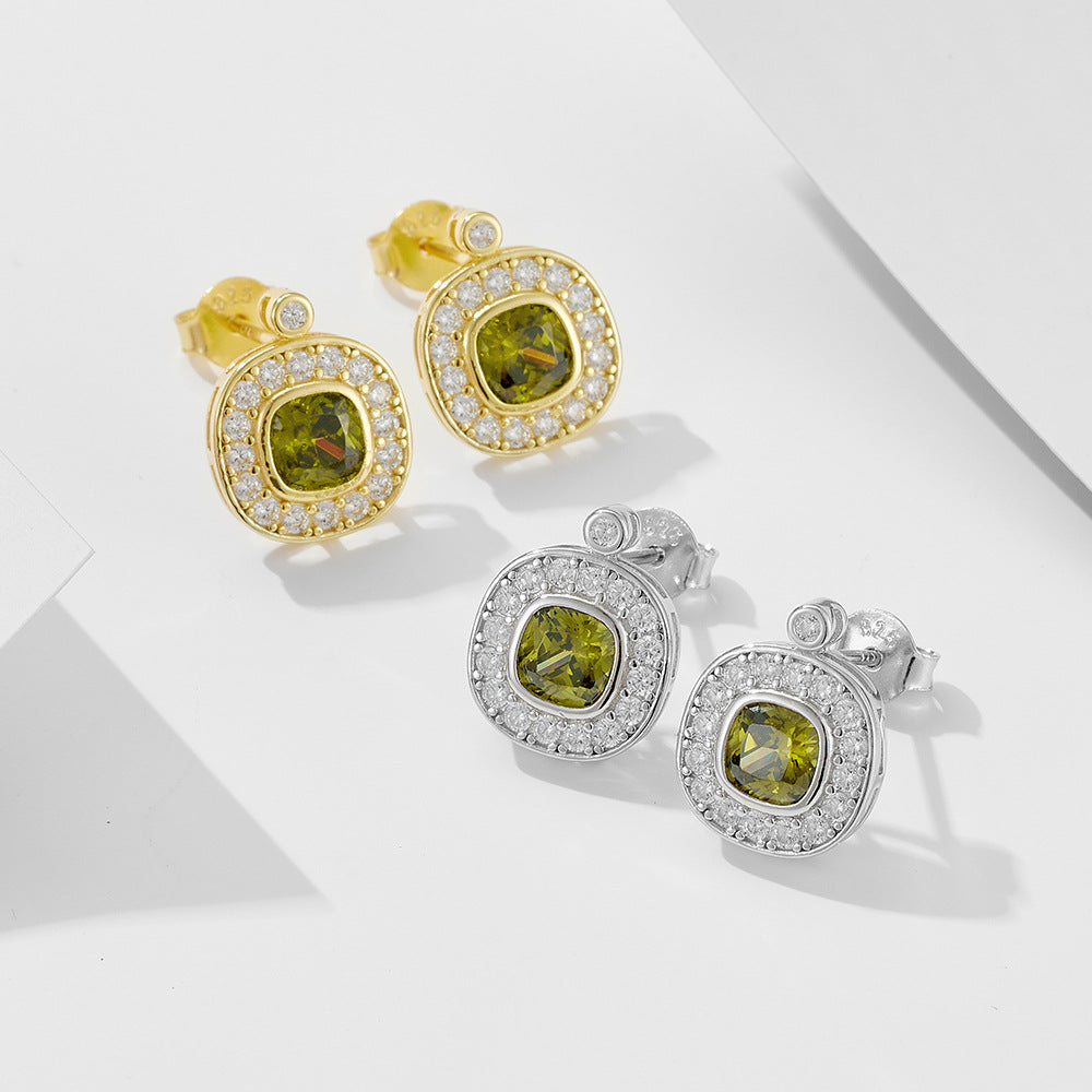 925 Silver Vintage Olive Green Zircon Stud Earrings