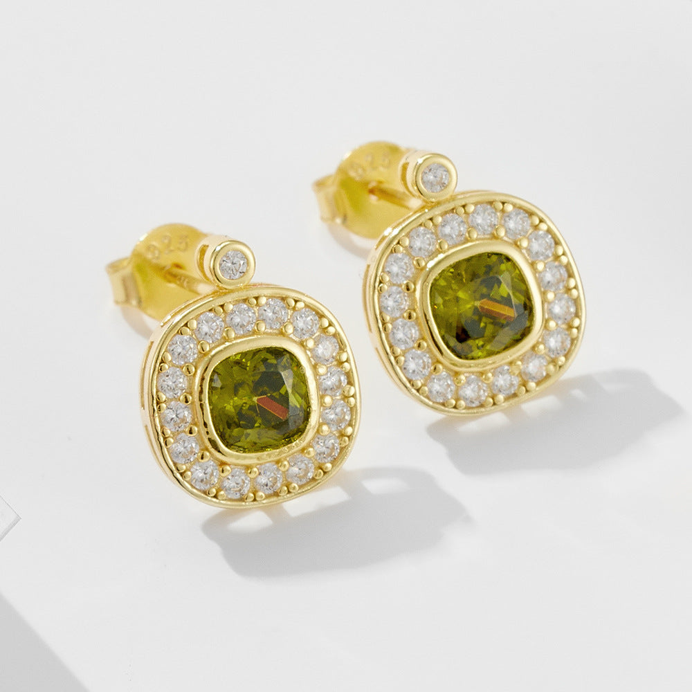 925 Silver Vintage Olive Green Zircon Stud Earrings
