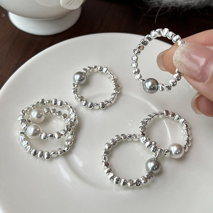 925 Silver Nugget Pearl Elastic Rope Ring