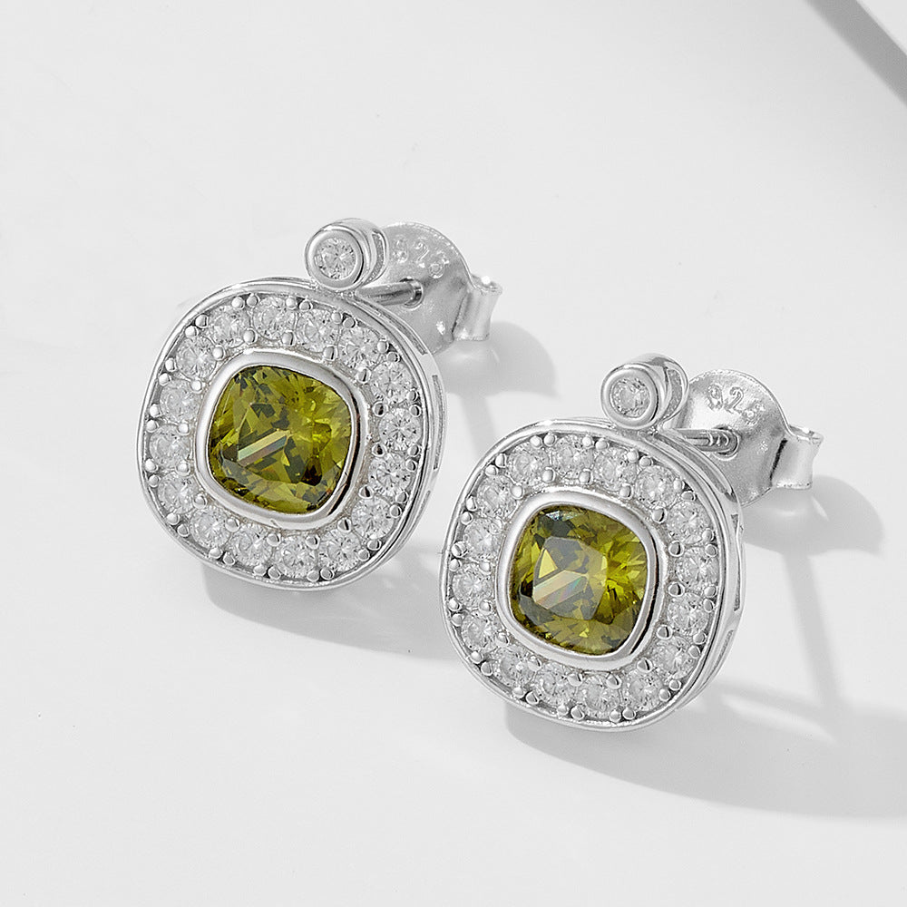 925 Silver Vintage Olive Green Zircon Stud Earrings