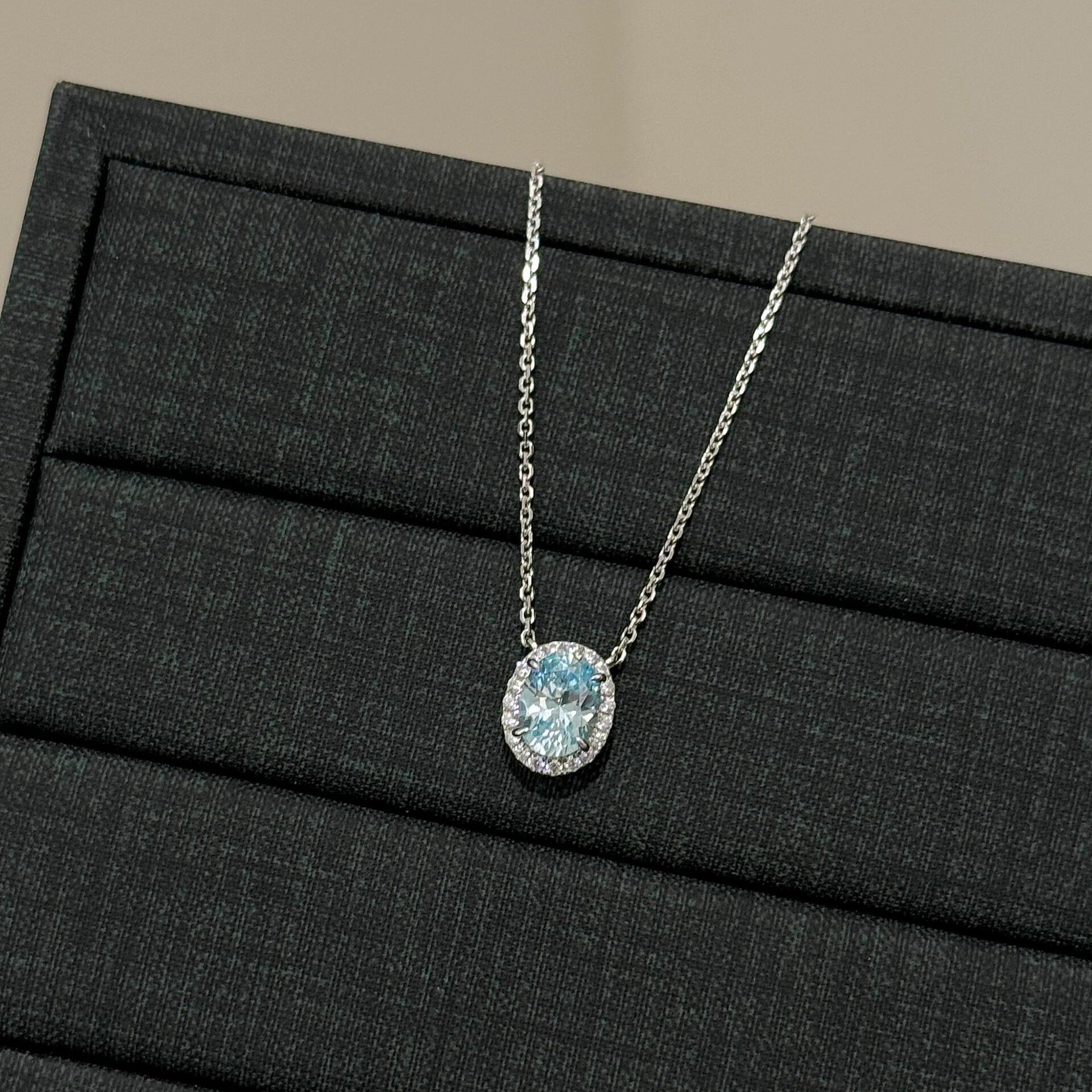 925 Silver Oval Aquamarine Ring Necklace Set