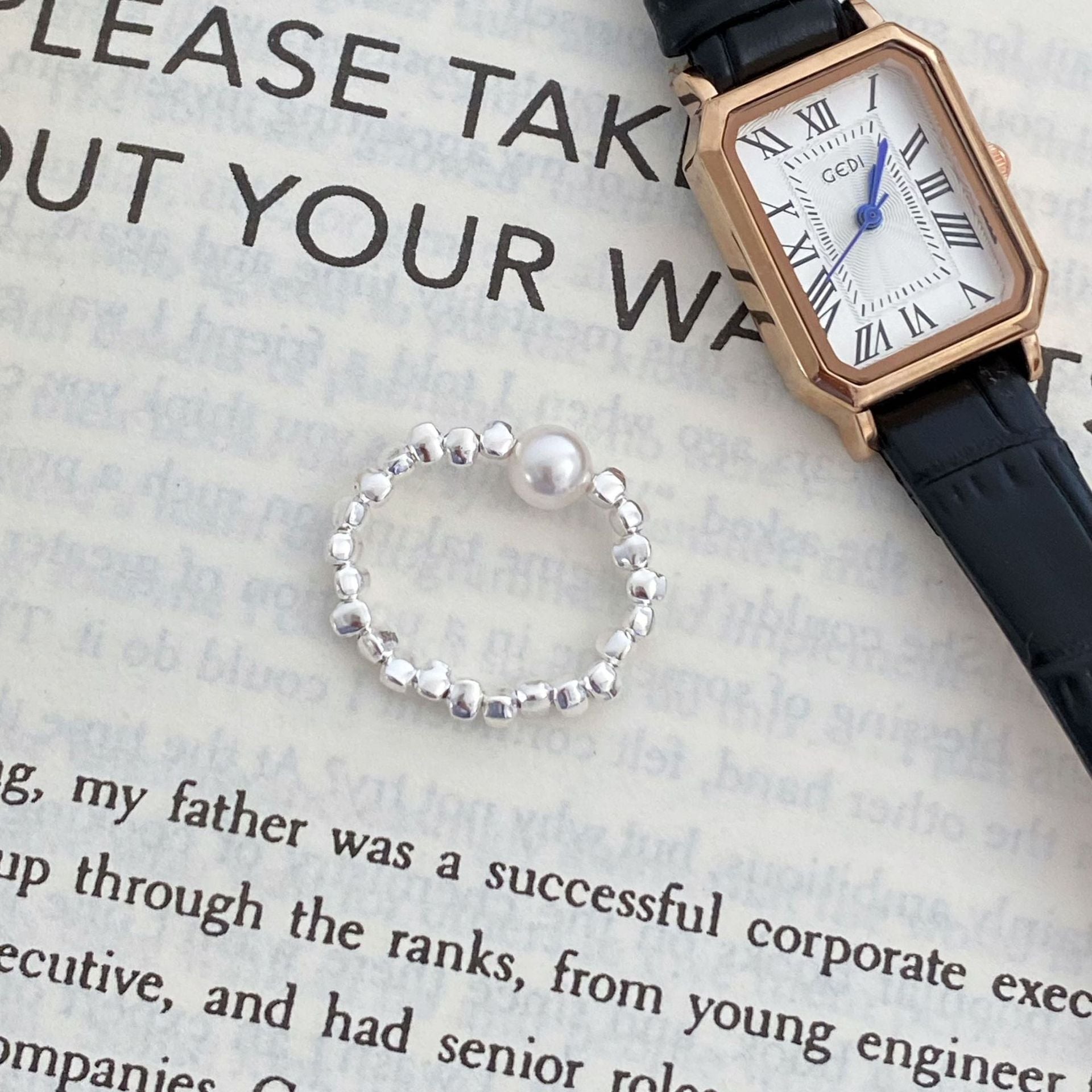 925 Silver Nugget Pearl Elastic Rope Ring