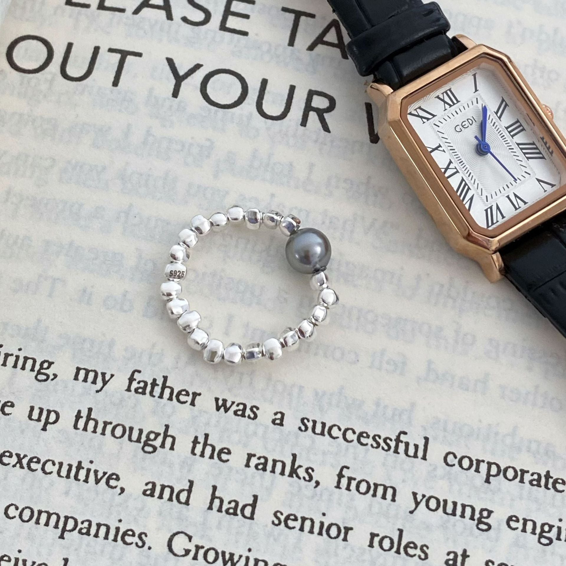 925 Silver Nugget Pearl Elastic Rope Ring