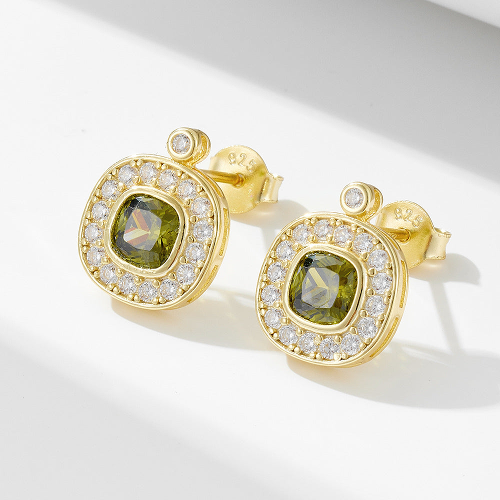 925 Silver Vintage Olive Green Zircon Stud Earrings