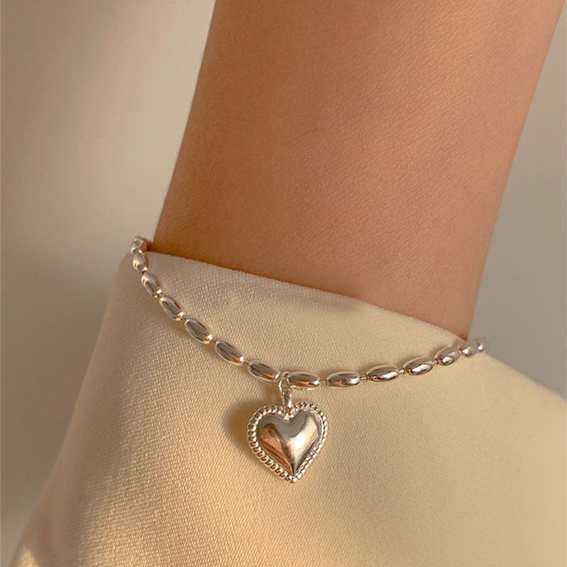 925 Silver Olive Chain Heart Bracelet