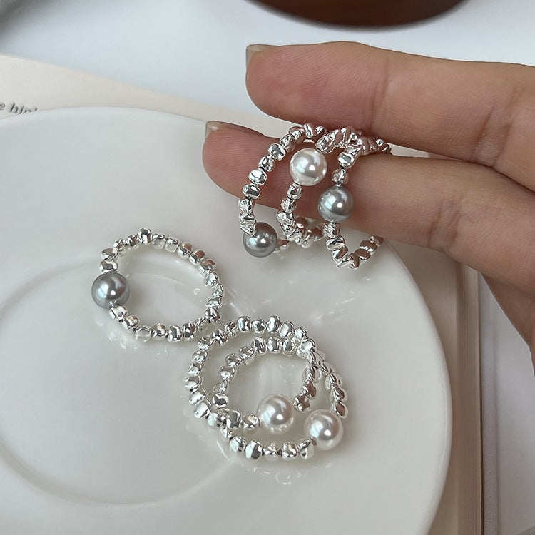 925 Silver Nugget Pearl Elastic Rope Ring