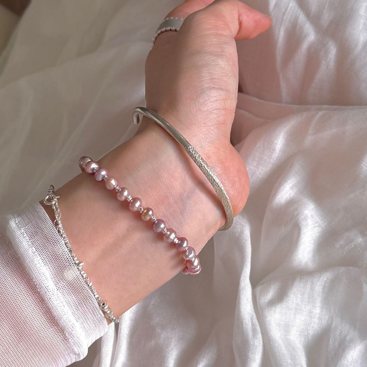 925 Small Silver Change Natural Pearl Layered Bracelet