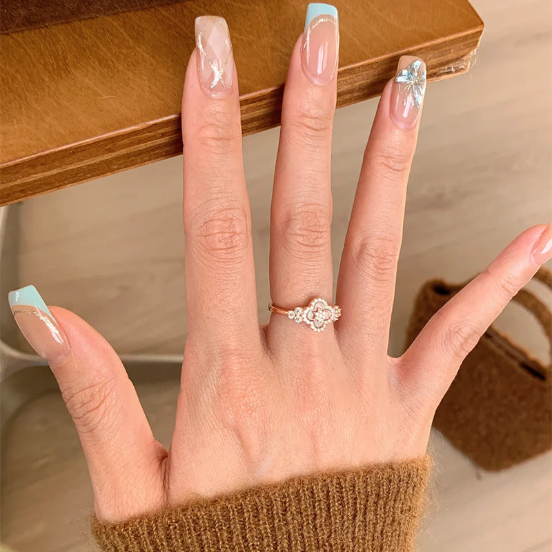 925 Silver Pink Shell Four-Leaf Clover Ring