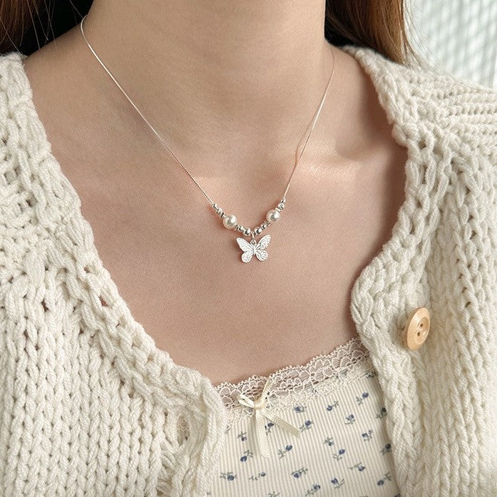 925 Silver Pearl Butterfly Necklace