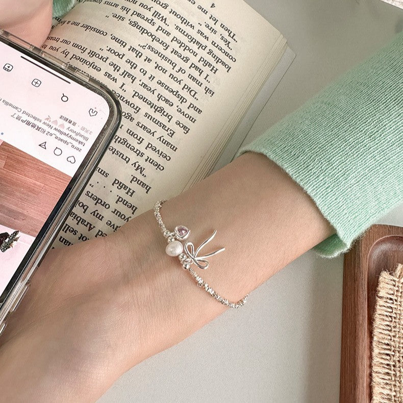 925 Silver Bowknot Pearl and Silver Fragment Bracelet