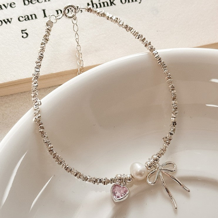 925 Silver Bowknot Pearl and Silver Fragment Bracelet