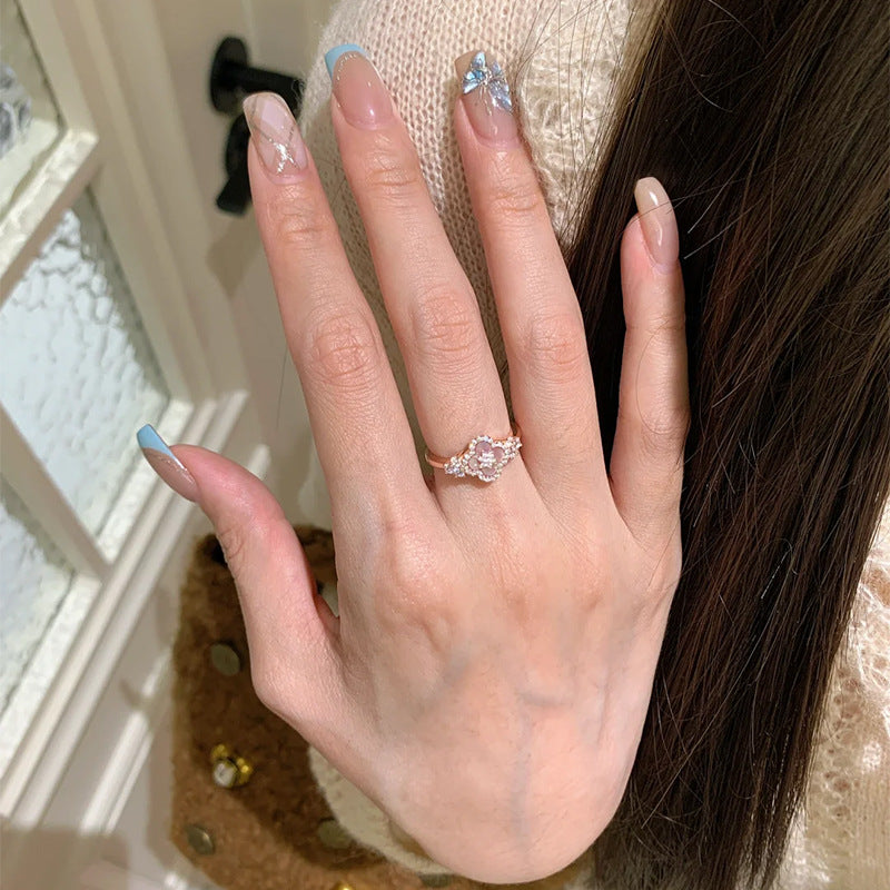 925 Silver Pink Shell Four-Leaf Clover Ring