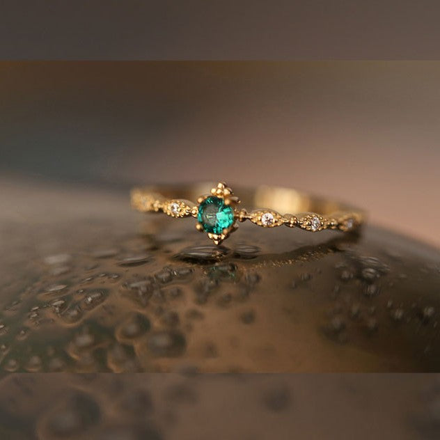 925 Silver Emerald Diamond 14K Gold Adjustable Ring