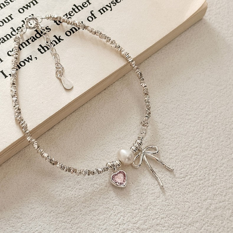 925 Silver Bowknot Pearl and Silver Fragment Bracelet