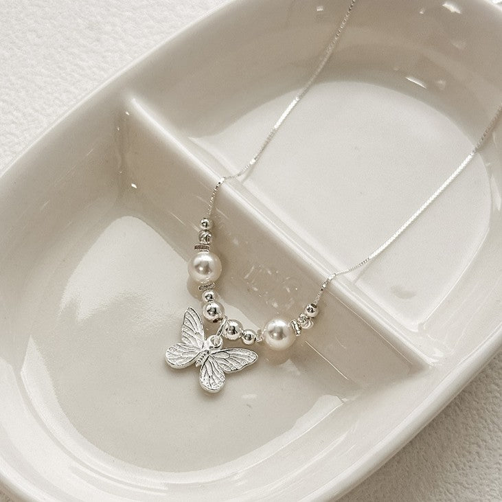 925 Silver Pearl Butterfly Necklace