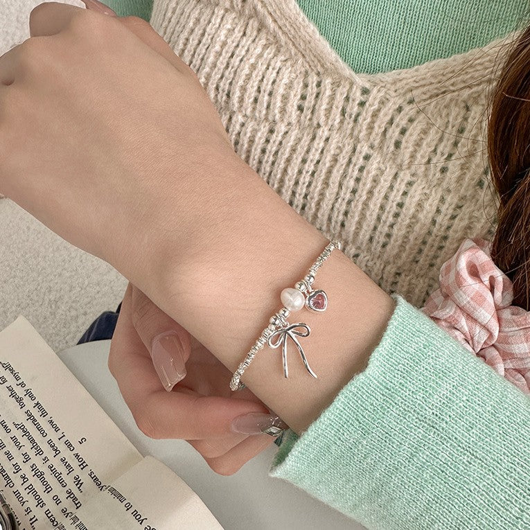 925 Silver Bowknot Pearl and Silver Fragment Bracelet
