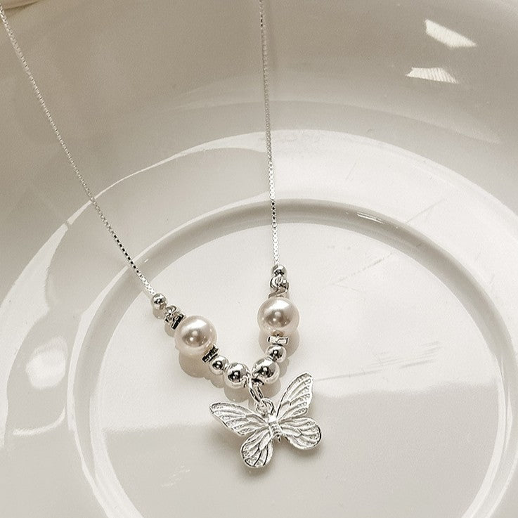 925 Silver Pearl Butterfly Necklace