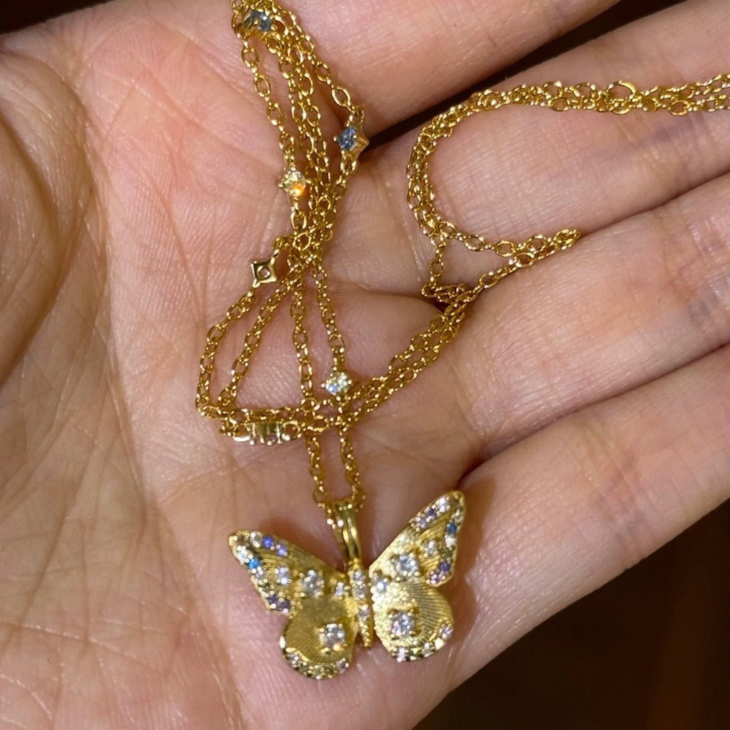 925 Silver Colorful Lustrous Stone Brushed Butterfly Necklace