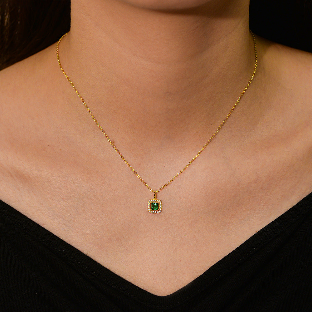 925 Silver Square Green Zircon Pendant Necklace