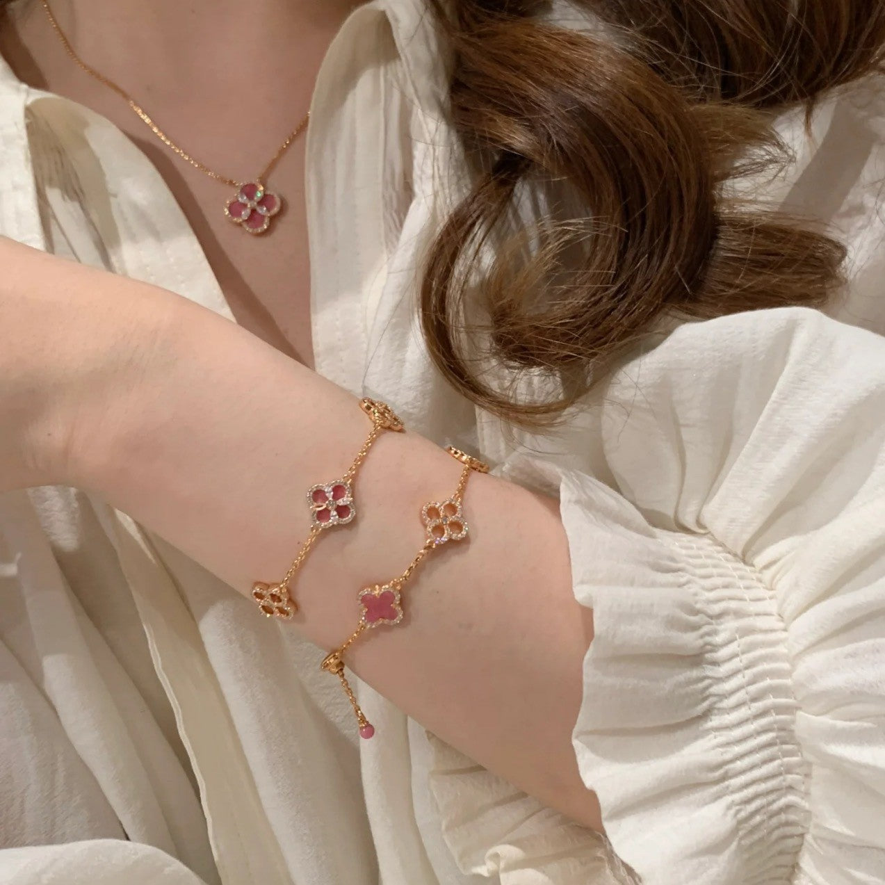 925 Silver Natural Rhodonite Four-Leaf Clover Necklace Bracelet Earrings Set