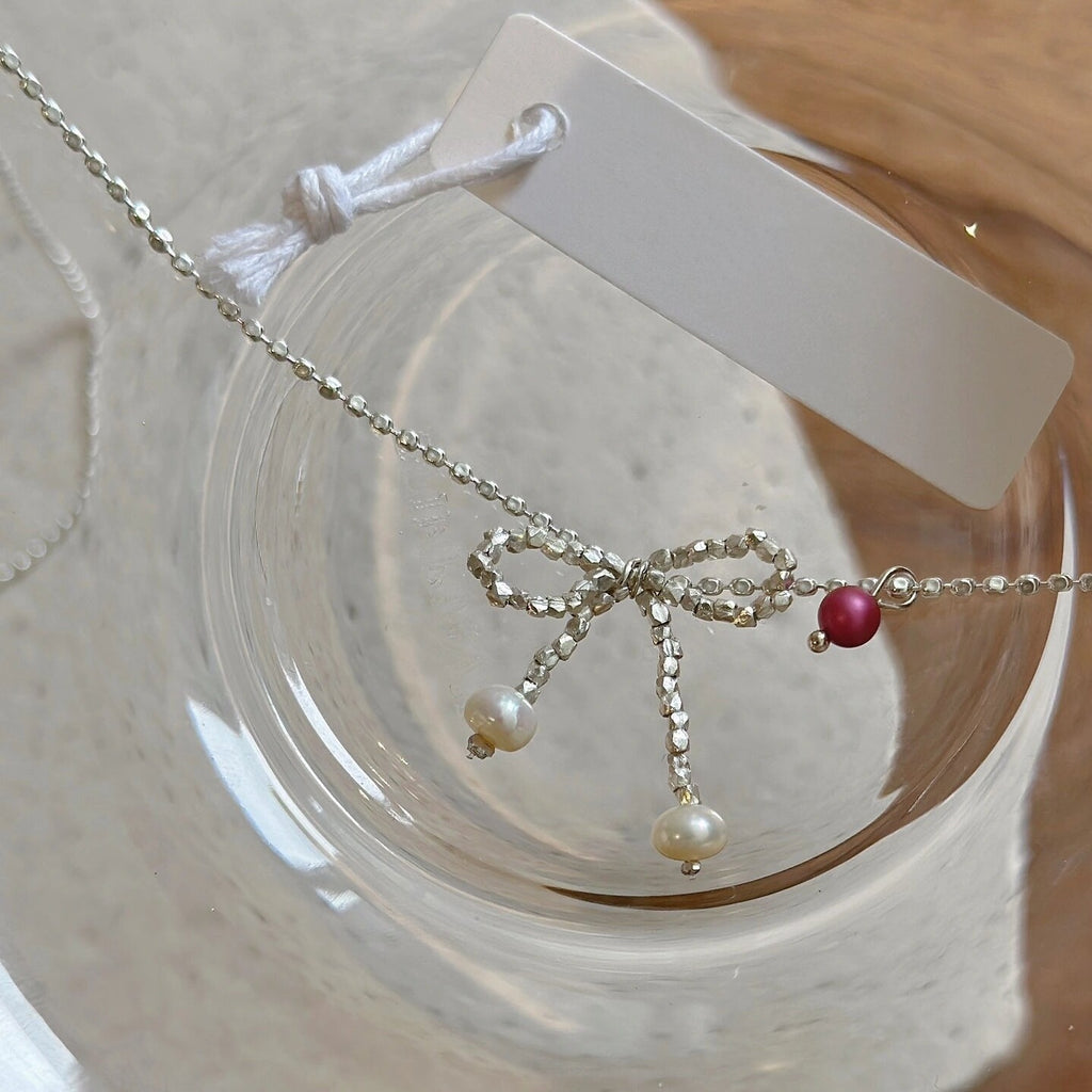 925 Silver Fragment Bow Pearl Necklace