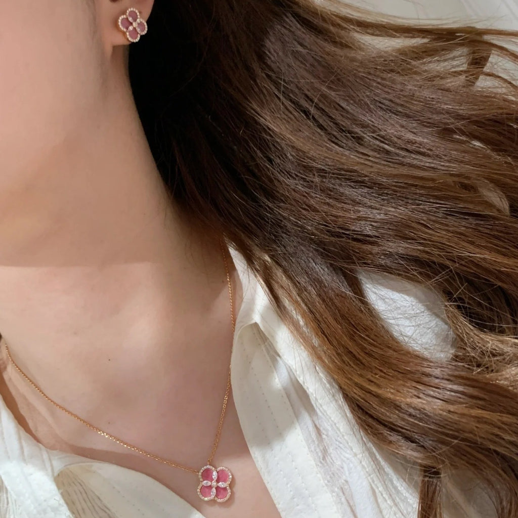 925 Silver Natural Rhodonite Four-Leaf Clover Necklace Bracelet Earrings Set