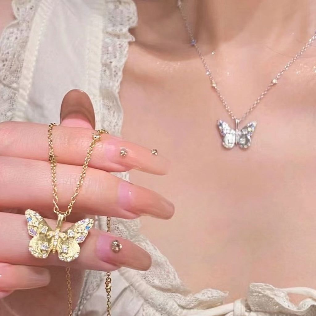 925 Silver Colorful Lustrous Stone Brushed Butterfly Necklace