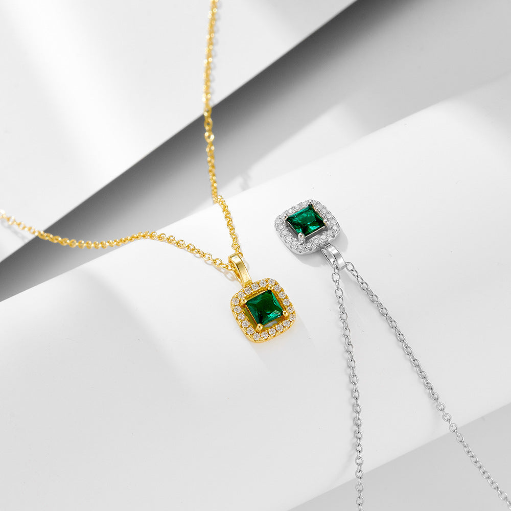 925 Silver Square Green Zircon Pendant Necklace