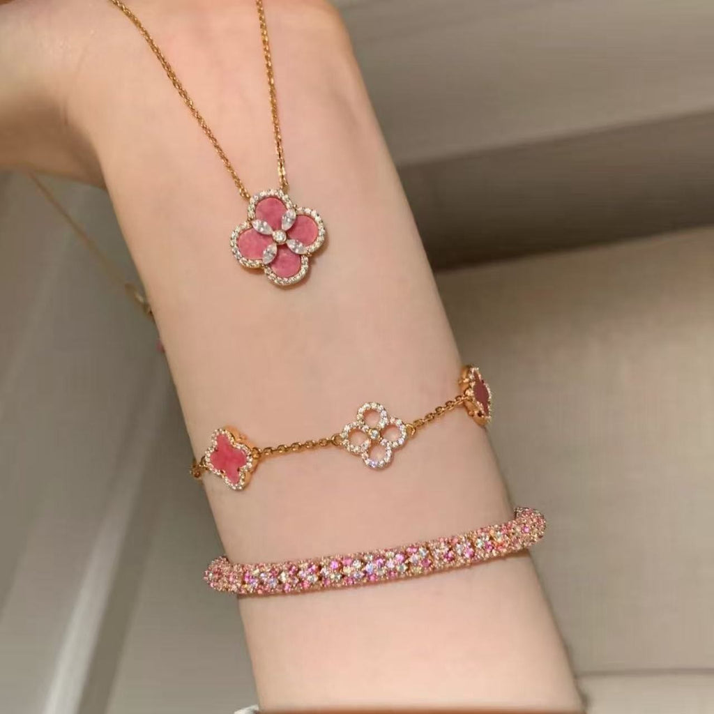 925 Silver Natural Rhodonite Four-Leaf Clover Necklace Bracelet Earrings Set