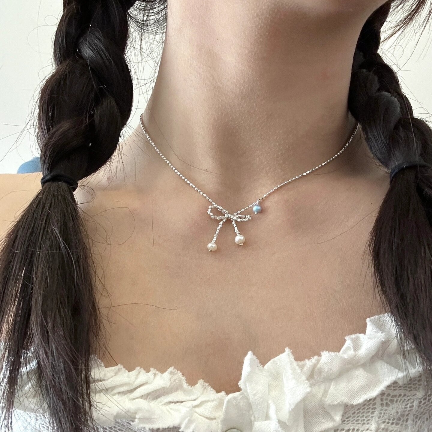 925 Silver Fragment Bow Pearl Necklace
