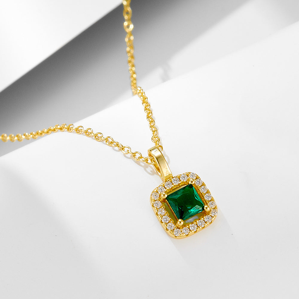 925 Silver Square Green Zircon Pendant Necklace