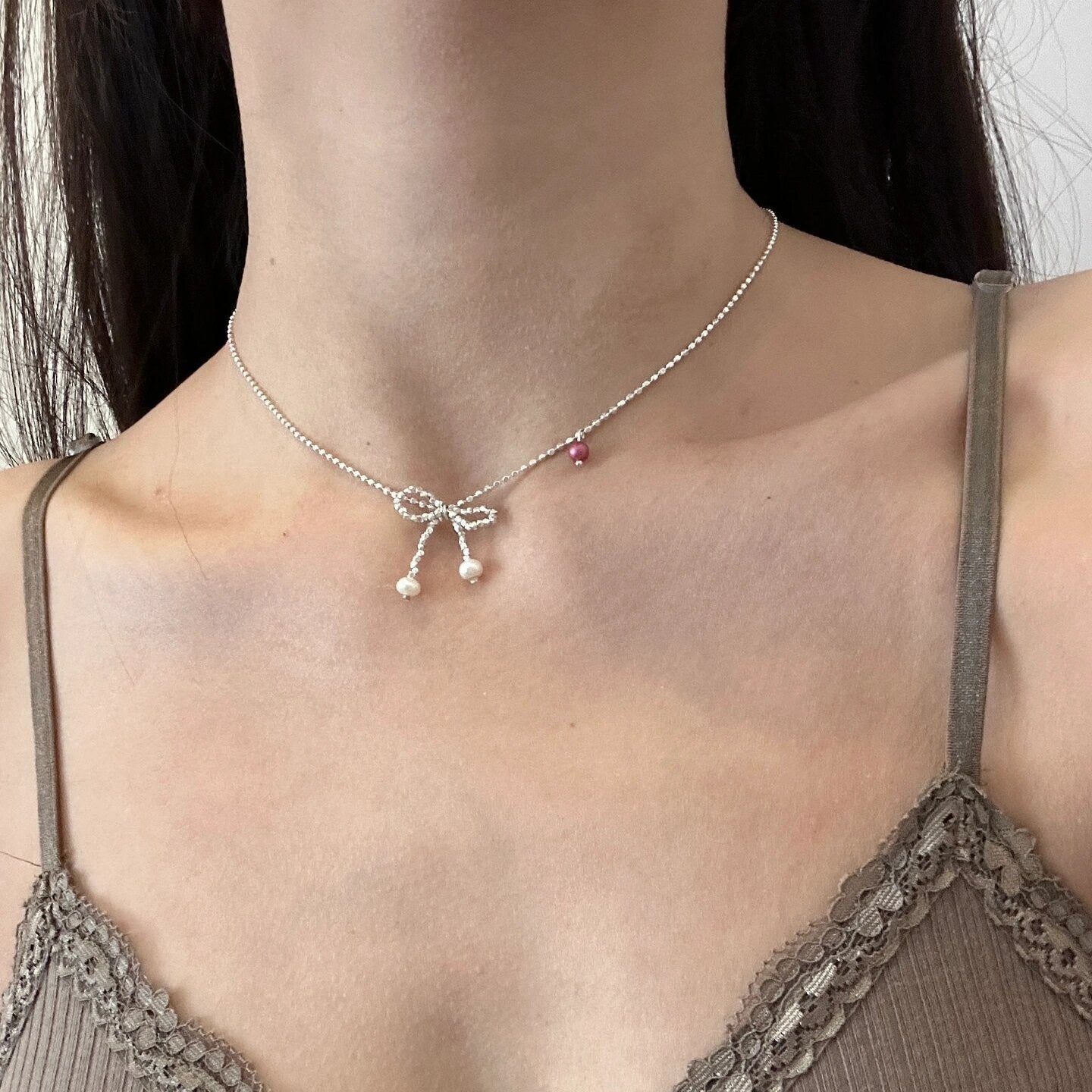 925 Silver Fragment Bow Pearl Necklace