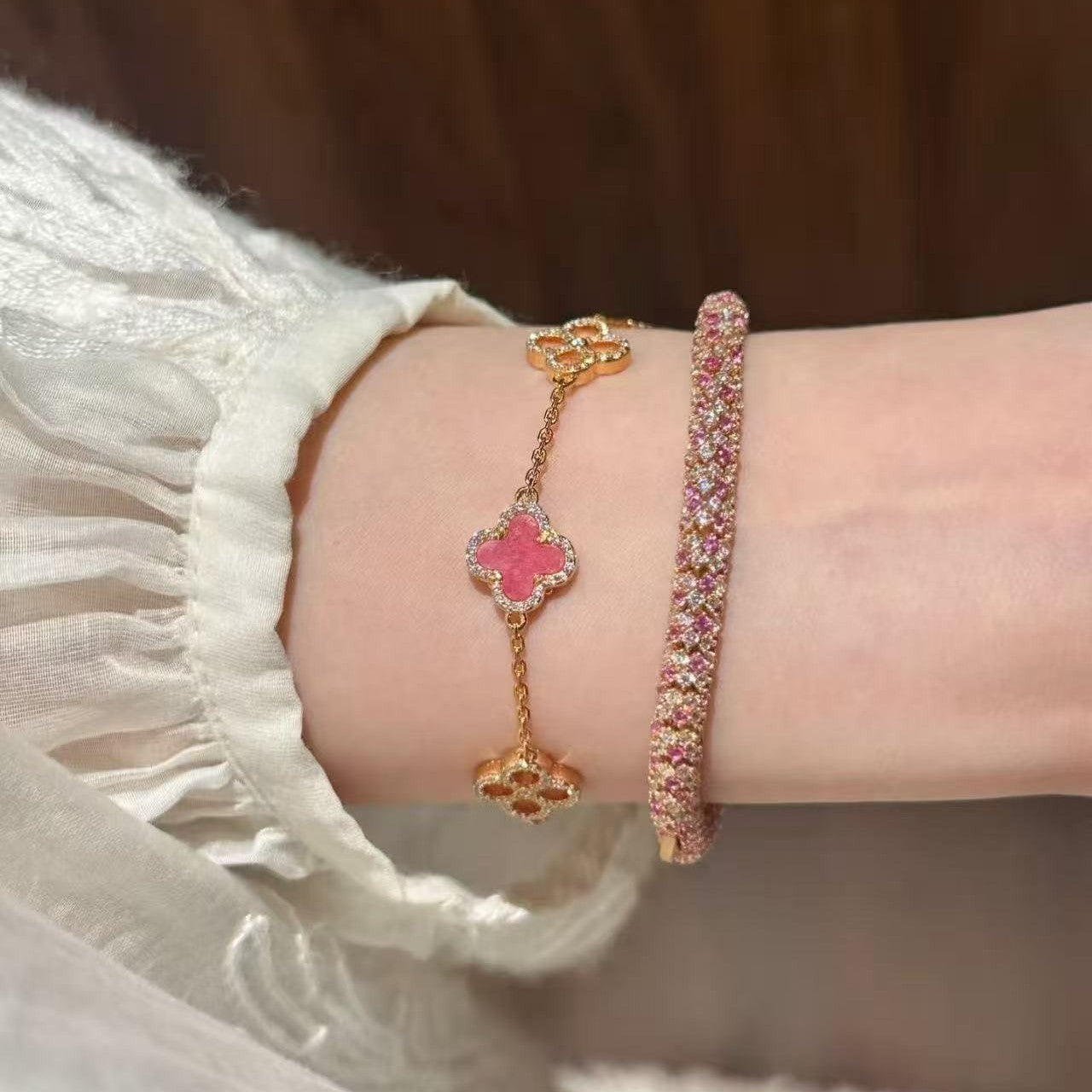 925 Silver Natural Rhodonite Four-Leaf Clover Necklace Bracelet Earrings Set