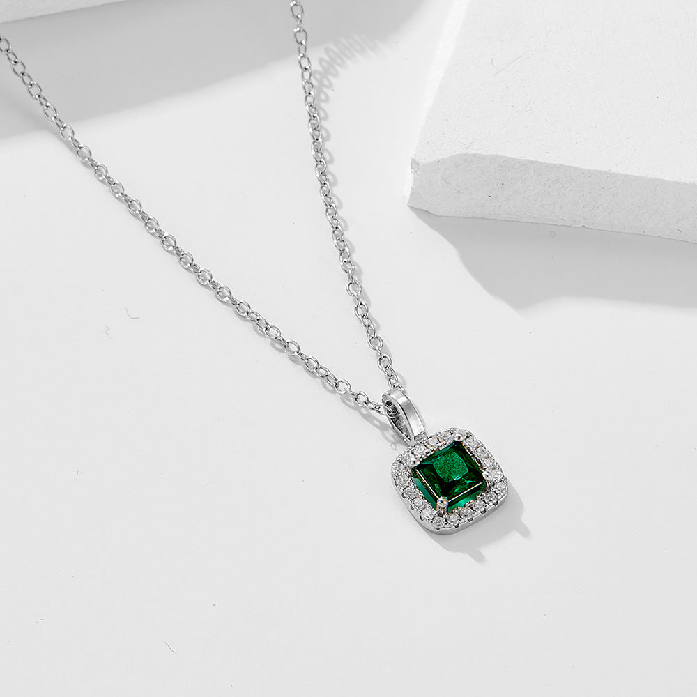925 Silver Square Green Zircon Pendant Necklace