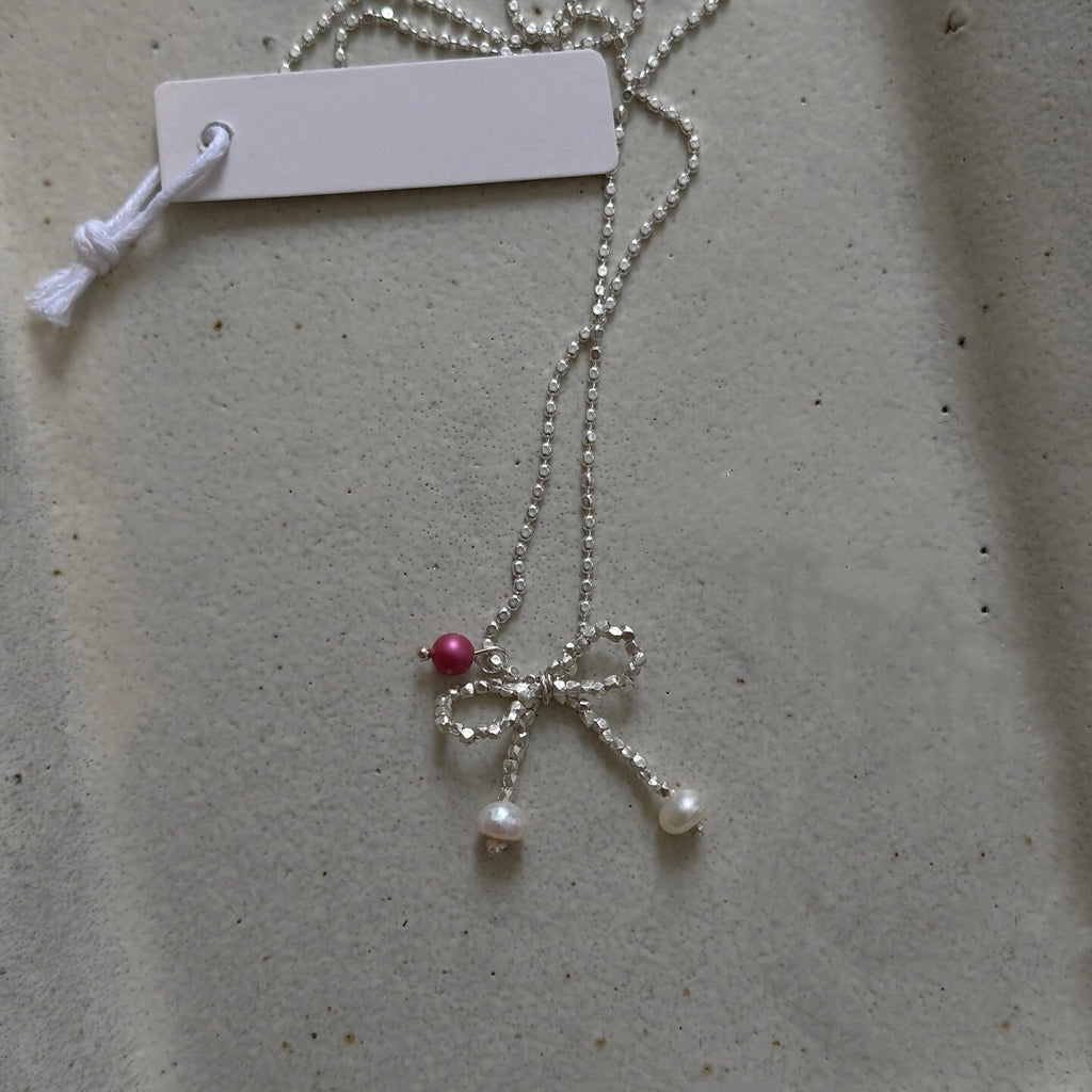 925 Silver Fragment Bow Pearl Necklace