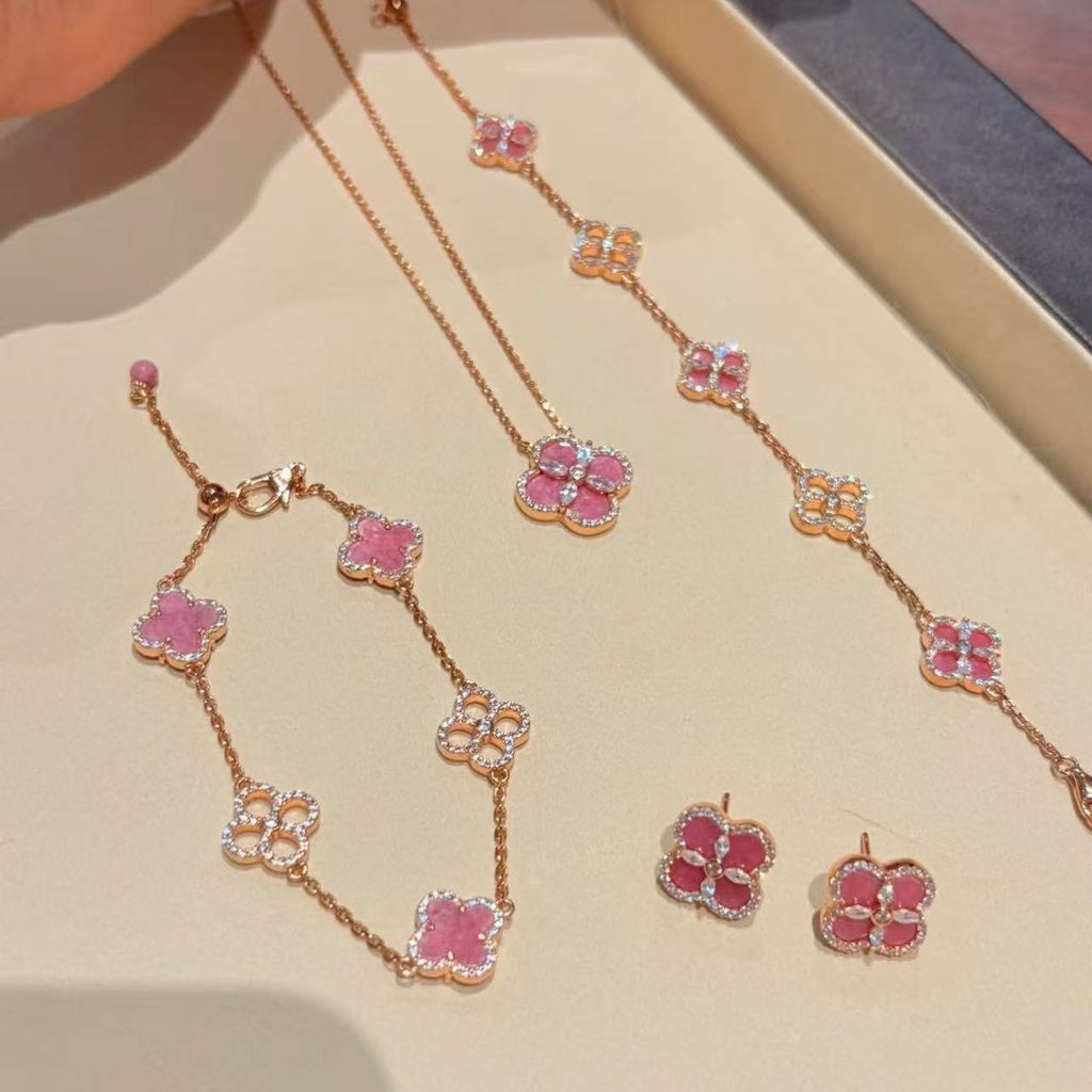 925 Silver Natural Rhodonite Four-Leaf Clover Necklace Bracelet Earrings Set